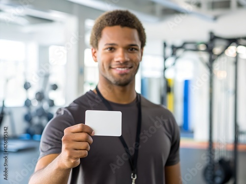Young man holds blank gym membership card. Fitness club client shows white plastic id in gym. Blank card for mockup. Sport, health, wellness concept. Fitness, training, sport, gym, club