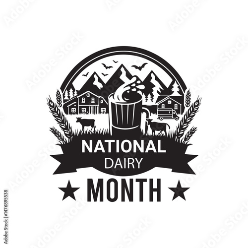 National Dairy Month Silhouette Vector Illustration, Solid White Background.