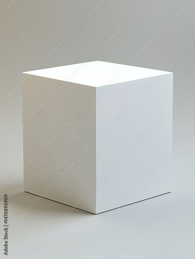 Naklejka premium Geometric white cube positioned on a pale surface showcasing clean lines and subtle shadows a simple minimalist composition.