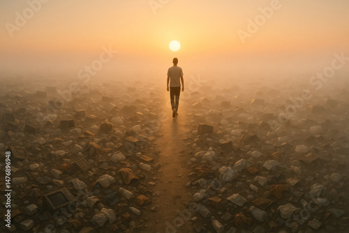 Man walks toward rising sun on surreal path through debris in orange mist. Generative AI