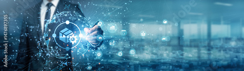 Tableau sur toile Hand of businessman drawing graphs Supply Chain Management coordinates all activ