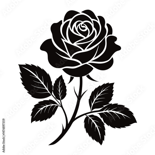 Black Rose Silhouette with Leaves