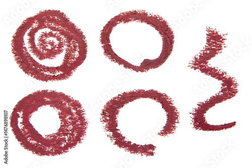 Set of circles drawn with pink lip pencil on an empty background.