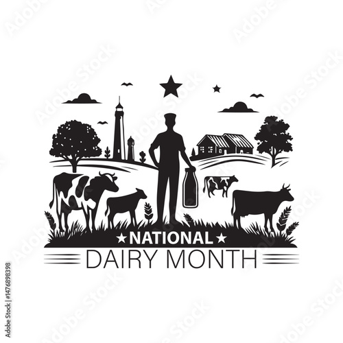 National Dairy Month Silhouette Vector Illustration, Solid White Background.