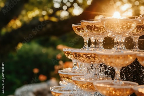 Champagne tower at sunset with sparkling bubbles capturing golden hour light