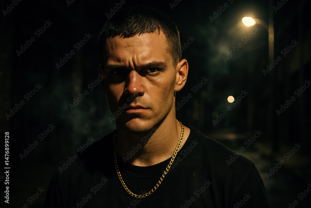 Fototapeta premium Tough man in chain necklace standing in dark street with urban grit and glare. generative AI 