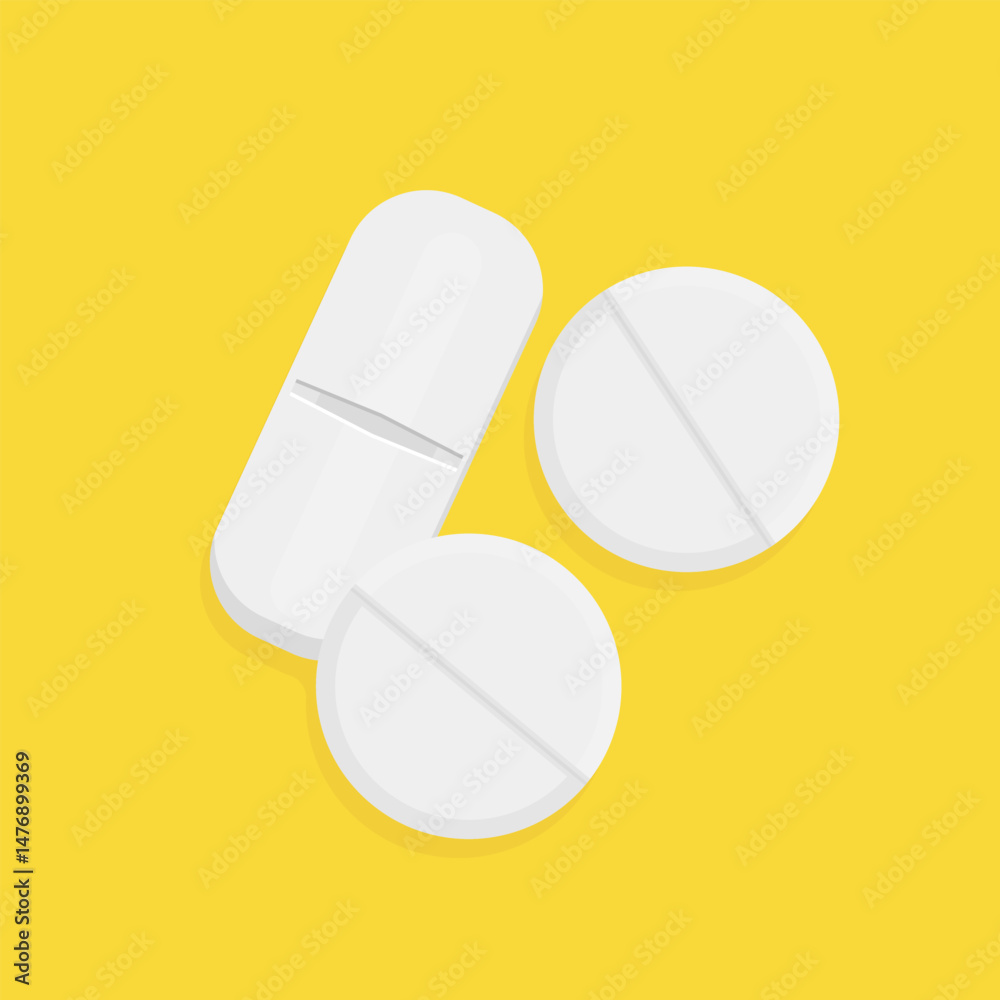 White pills on yellow background. Minimalistic composition featuring three white pills for illustrating pharmaceutical, healthcare, and medical concepts