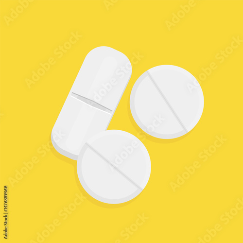 Obraz na płótnie White pills on yellow background. Minimalistic composition featuring three white pills for illustrating pharmaceutical, healthcare, and medical concepts w salonie