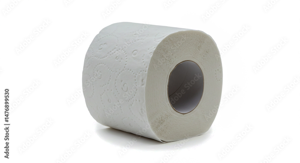 Fototapeta premium Clean white roll of toilet paper isolated on white background with delicate embossed pattern