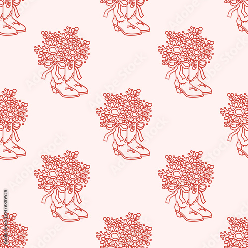 Seamless pattern with cowboy boots vase and beautiful bouquet of sunflowers and coquette bow ribbon. Wild West trendy background for wedding, holiday, birthday, cowgirls party. Rustic Boho Aesthetics