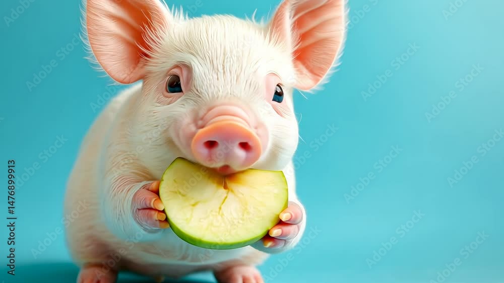 custom made wallpaper toronto digitalAdorable piglet enjoying a slice of green apple on a vibrant blue background.