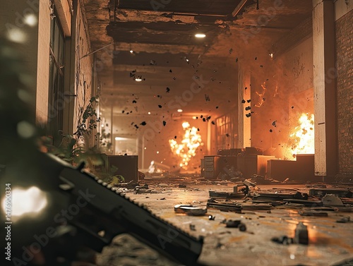 Fiery hallway destruction; weapon held, debris scattered.