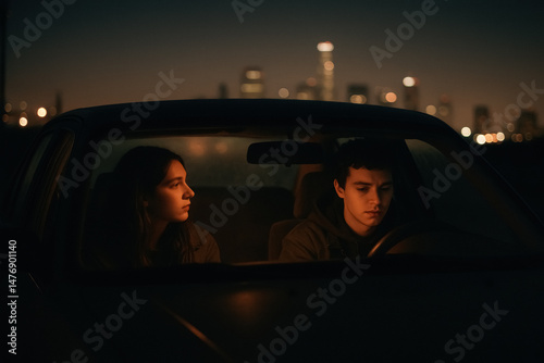 Young couple inside car at night, city skyline glowing beyond windshield, reflective mood of relationship and travel, generative AI