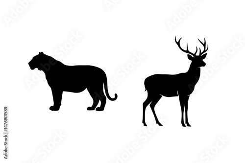 A black vector illustration shows a wild deer silhouette, an isolated animal and mammal icon with antlers