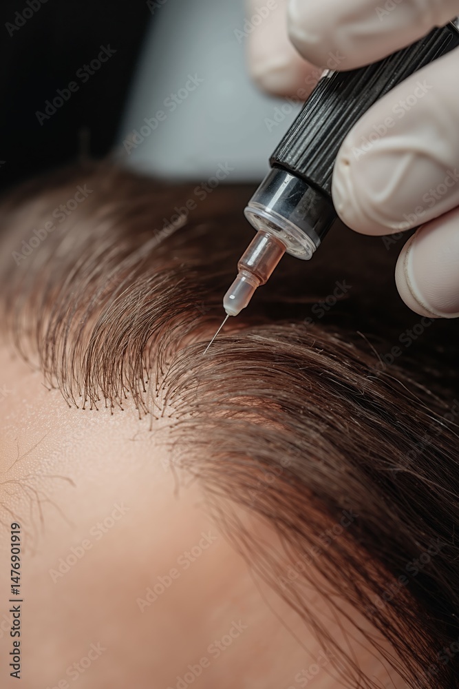 Naklejka premium Hair restoration injection on caucasian male scalp with medical glove and needle close-up