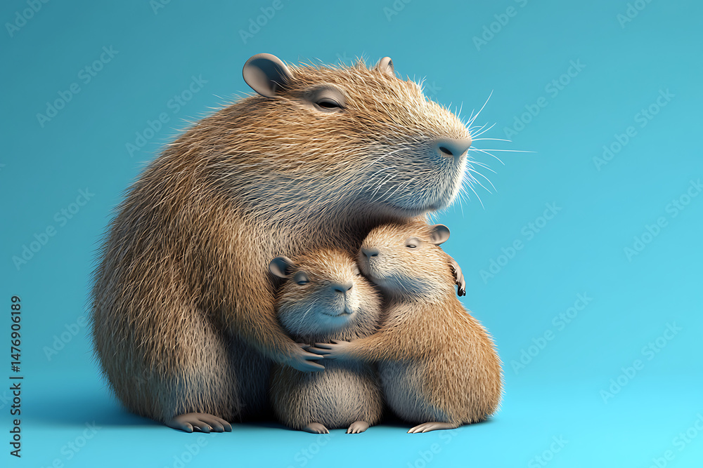 Fototapeta premium A capybara gently embraces its two adorable young, set against a soft blue background, conveying warmth and affection