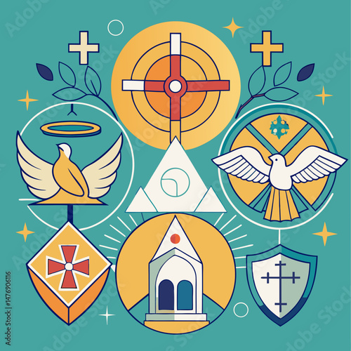 Trinity Sunday Vector Set – Holy Trinity Symbols, Christian Art, Doves, Crosses, Church Icons for Posters and Religious Media