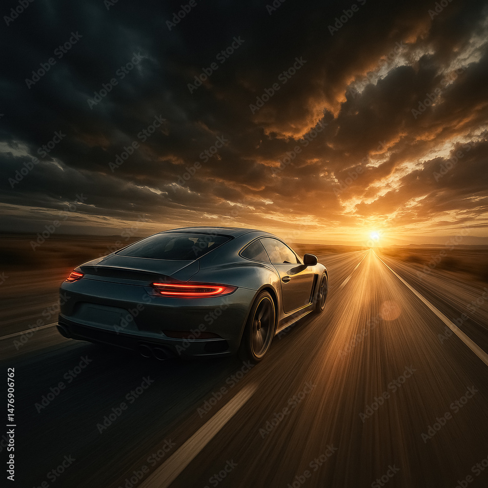Fototapeta premium Speeding car on open road at sunset, symbolizing freedom and adrenaline at golden hour. generative AI