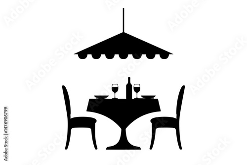 Restaurant dining table with wine bottle and chairs