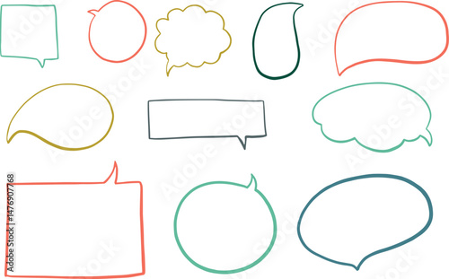Text box chalkboard blank speech bubbles. Colorful shapes on white background