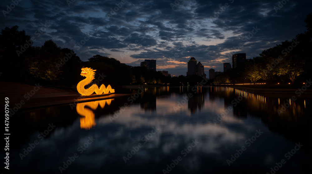 Obraz premium Luminous Chinese dragon sculpture glows vividly against a dark sky, creating a captivating urban spectacle.