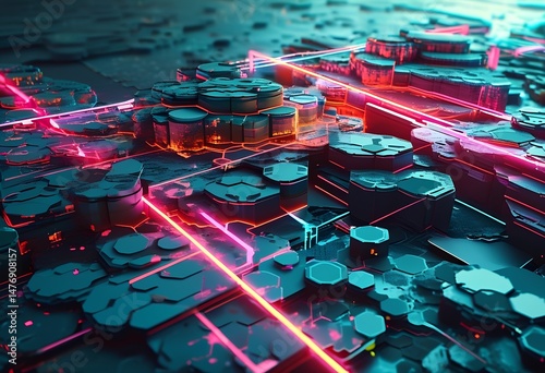 Exploration of a detailed futuristic city model with interconnected geometric shapes illuminated by vibrant neon lights. The night setting enhances the striking colors and intricate design.