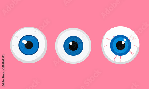 Three cartoon eyeballs with blue irises, from clean to bloodshot, adding a spooky or comical twist