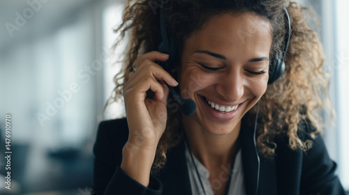 young Black woman customer support agent smiling while taking a call with a headset, clean office background