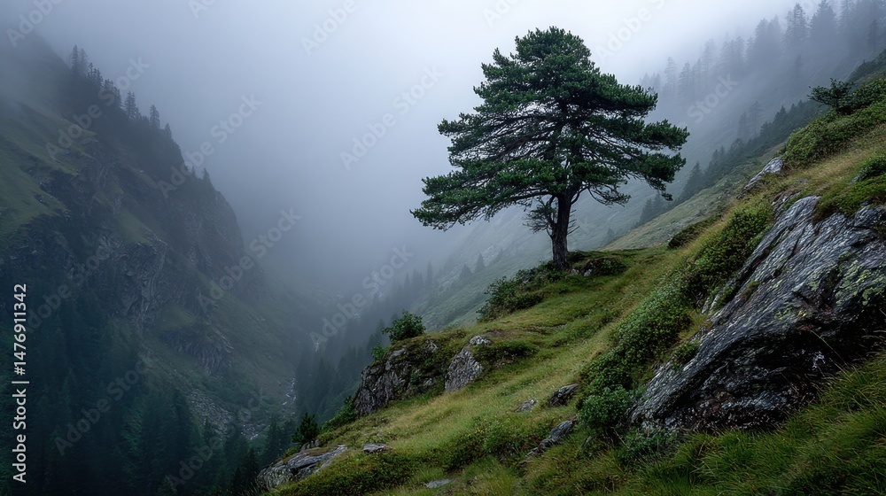 Obraz premium Serene mountain landscape with lone tree in misty fog for nature inspiration