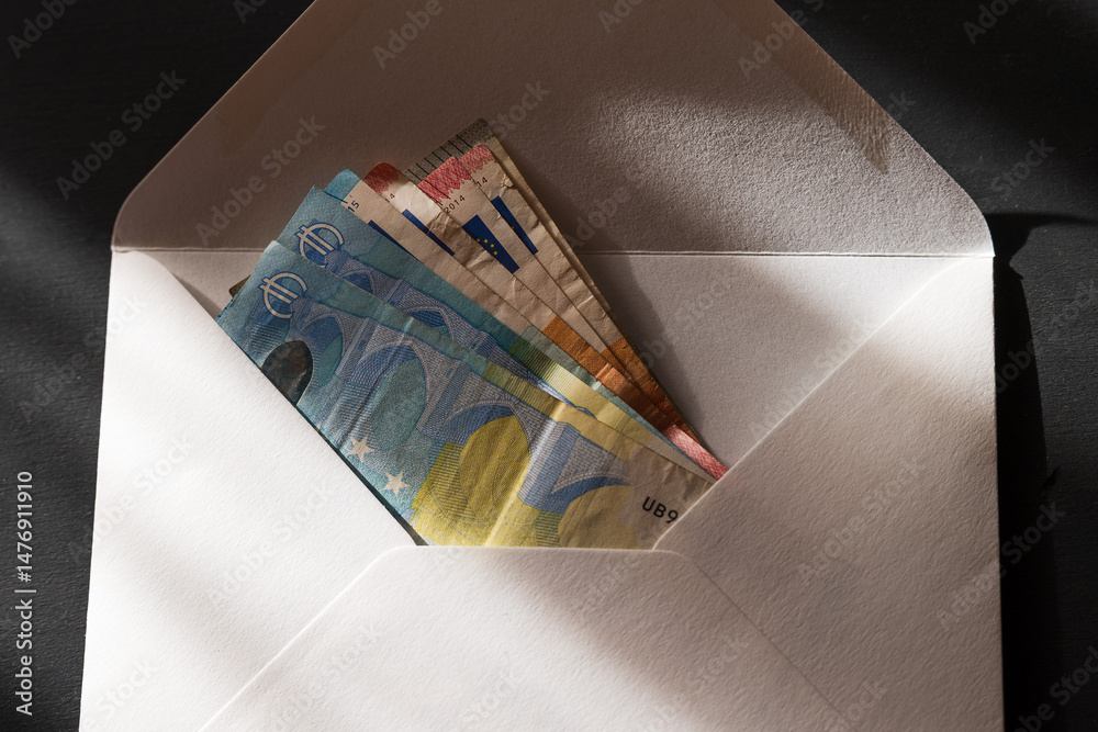 European currency Euro, banknotes in the white envelope
