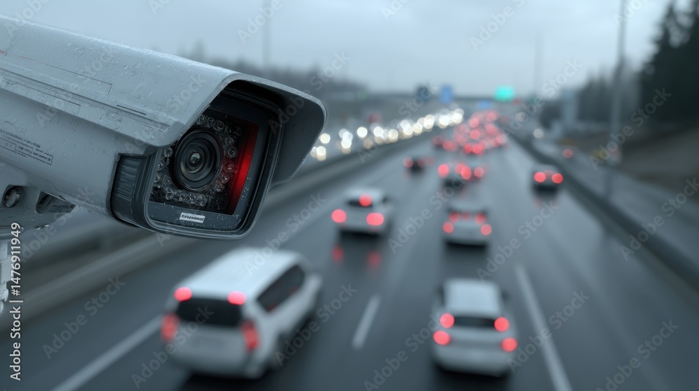 Fototapeta premium Traffic surveillance camera monitoring highway during overcast day for safety