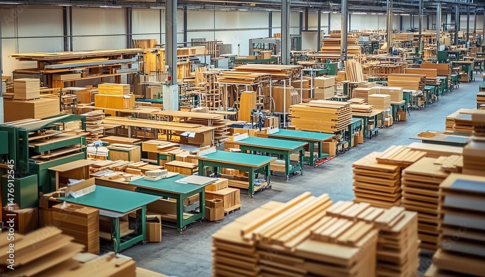 Obraz premium A spacious industrial warehouse with wooden furniture on green worktables under a high ceiling with metal beams.