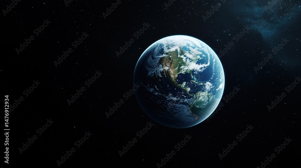 Naklejka premium A vibrant view of Earth from space, showcasing its blue oceans, green continents, and white clouds against a dark cosmic backdrop.