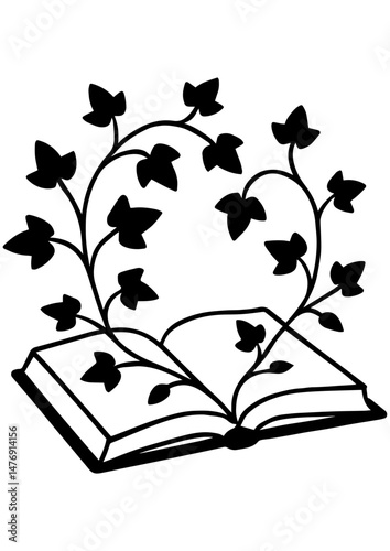 Black and white vector illustration of an open book wrapped in ivy leaves. Perfect for engraving, prints, logos, and creative projects