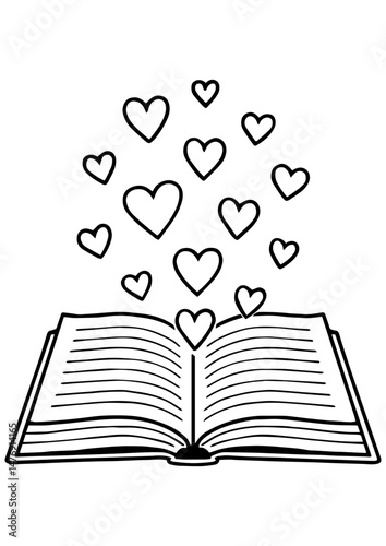 Black and white vector of an open book with hearts flying out of its pages. Ideal for engraving, laser cutting, printing, logos, and creative projects