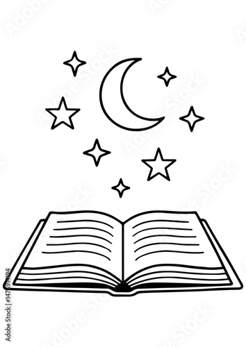 Black and white vector of an open book with a moon and stars flying above the pages. Perfect for engraving, creative projects, and illustrations