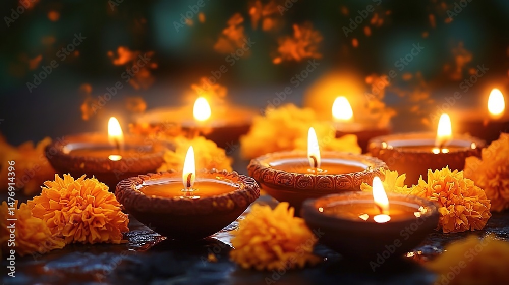 Obraz premium Yellow marigolds in a bowl with lit clay oil lamps and scattered petals.