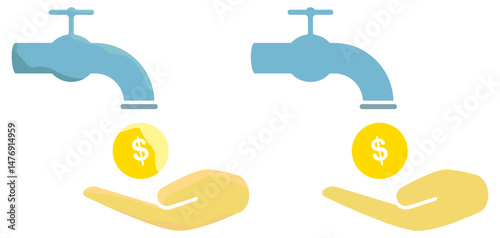 money tap with faucet and coin drop icon, flat style pictogram icon for ui or ux mobile app, vector illustration logo symbol design, isolated on white