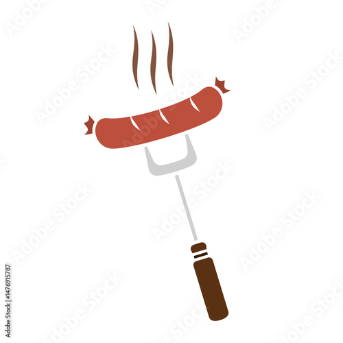 Grilled sausage on fork icon, flat style pictogram icon for ui or ux mobile app, vector illustration logo symbol design, isolated on white