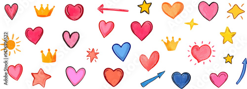 Watercolor style hand painted hearts, arrows, crowns, stars, funny cartoon hearts, stars elements for greeting cards, cards, posters.