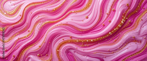 Pink and gold abstract liquid waves with glitter accents on smooth surface.