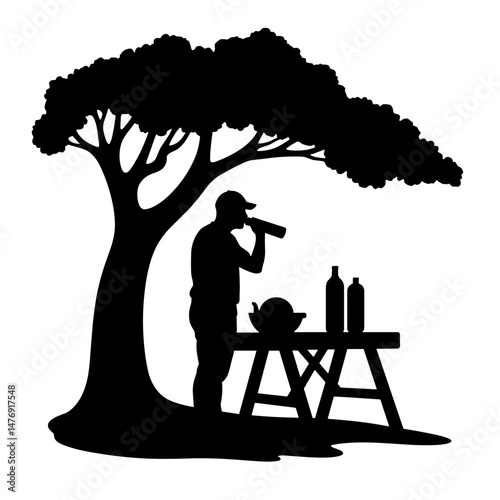 Silhouette of Vendor Drinking from Thermos under Tree Shade, Concept of Survival and Resilience