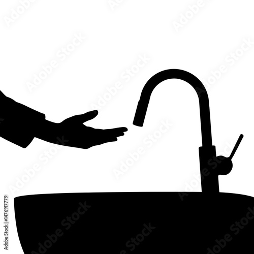 Silhouette of hand hovering near smart faucet, hygiene innovation concept for touchless bathroom tech and efficient water use
