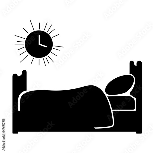 Silhouette of bedroom with smart alarm clock and sun symbol, concept of digital morning routine and wake-up technology