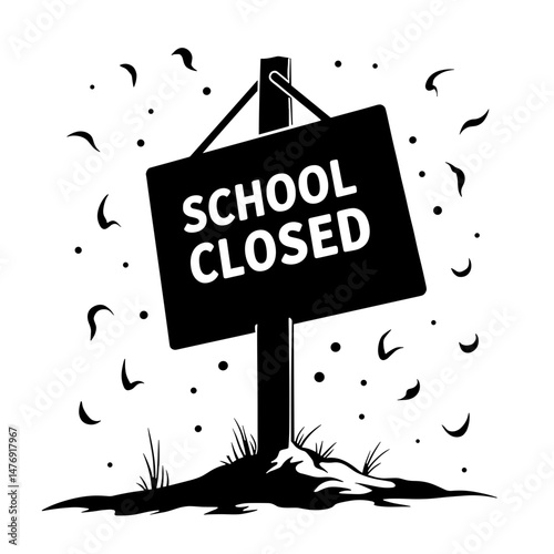 School Closed Sign in Blizzard Winds, Black and White, Symbolizing Shutdown and Disruption