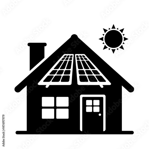 Silhouette of House with Solar Panels and Sun Icon, Energy Management and Eco Tech Concept