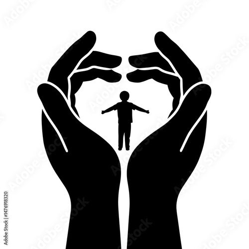 Silhouette of hands forming heart shape around figure, symbolizing individual care and health protection, concept of secure embrace and emotional coverage