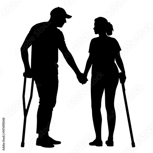 Silhouette of Man with Crutch Holding Partner's Hand, Injury Recovery Support and Emotional Bond