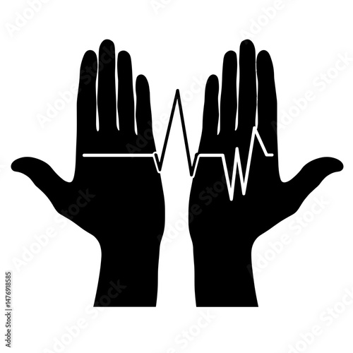 Silhouette of heartbeat line merging with open hands, symbolizing health and medical care, life force visualization