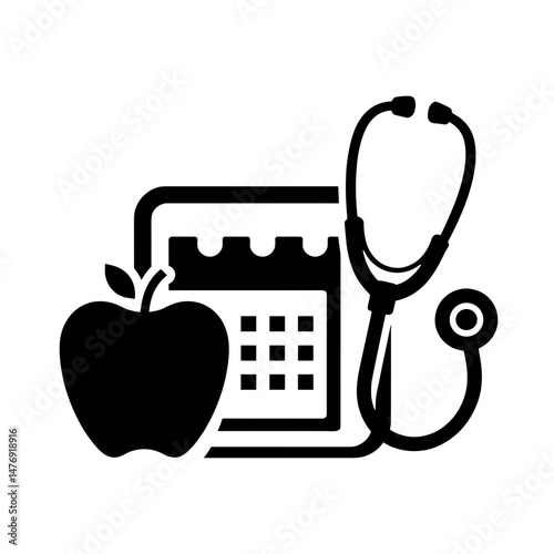 Silhouette of Stethoscope, Apple, and Calendar Overlapping, Health Scheduling Concept